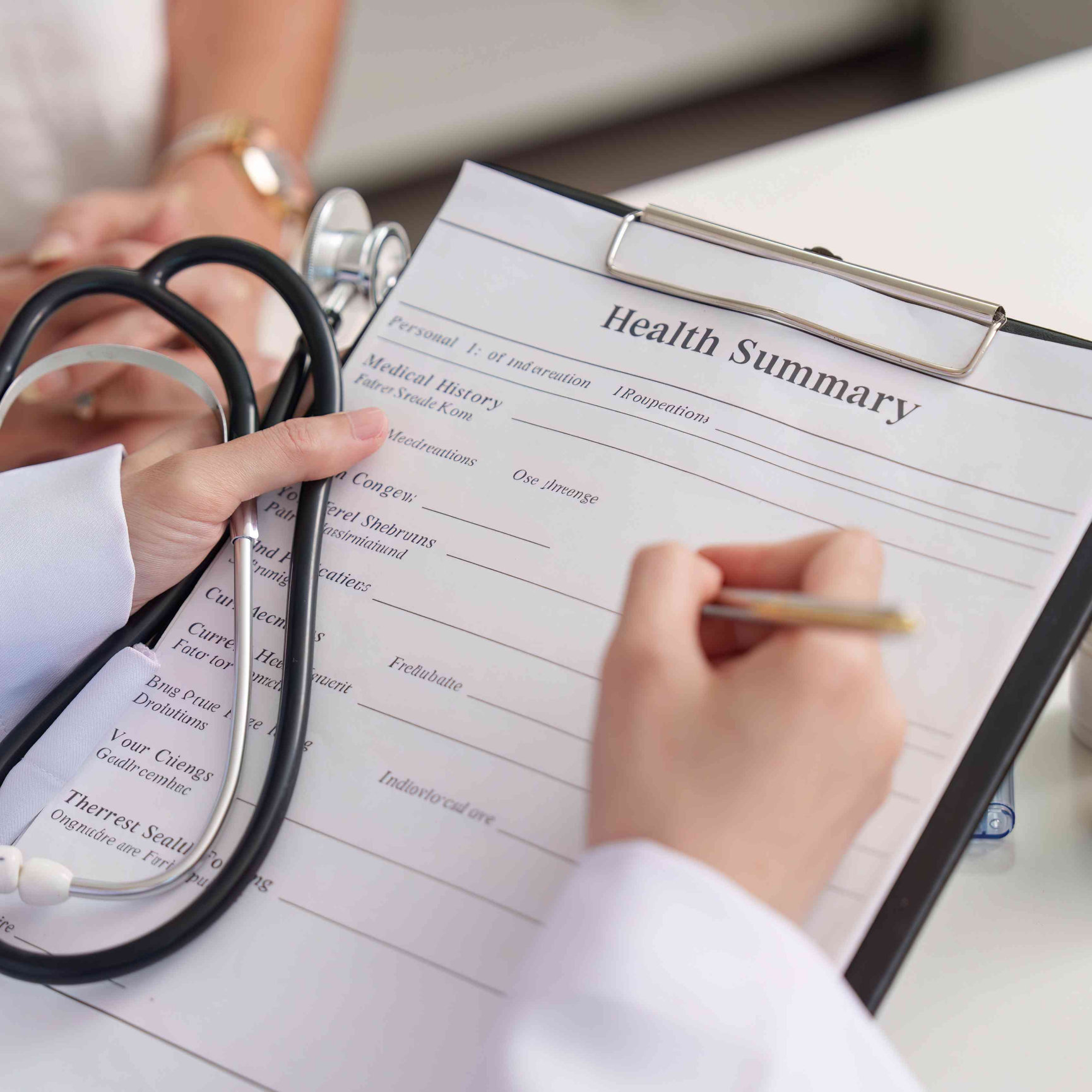 Physician reviewing medical paperwork for a Japan travel health certificate in Houston, Texas