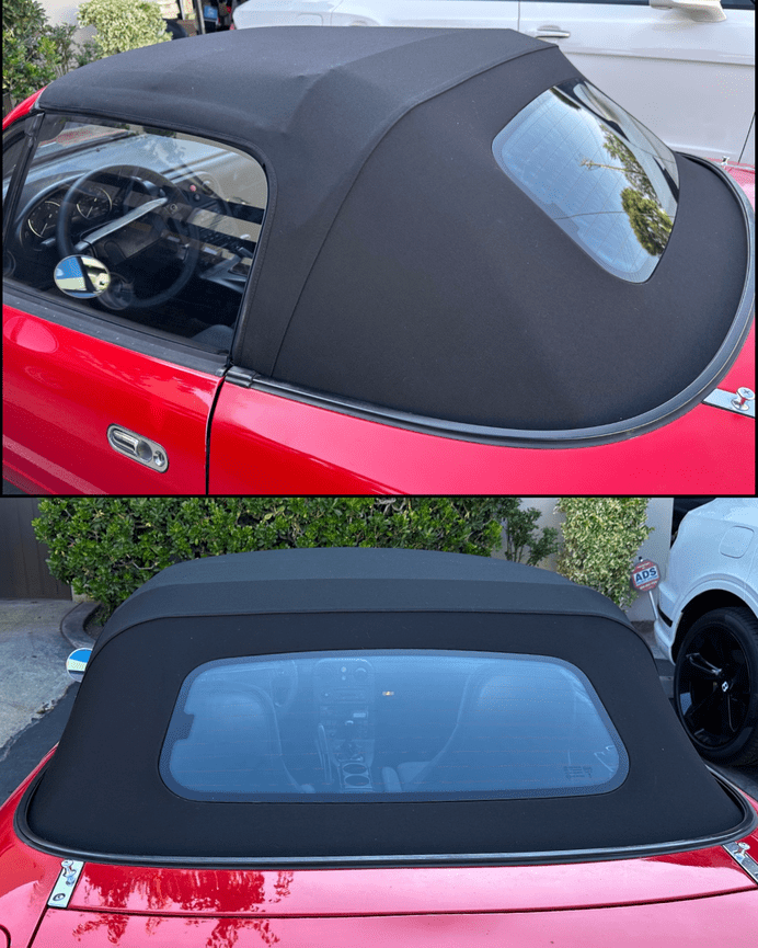 Side view of red Mazda Miata with new black convertible top parked outside The Prestige Companies Auto Upholstery shop in Orange County, CA